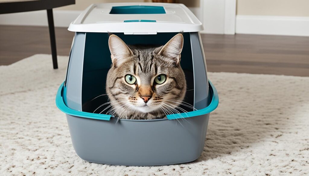 cat using travel litter box