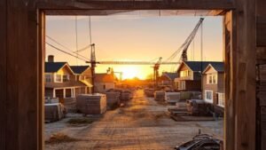 Wooden frame construction of new suburban American houses at golden hour