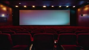 Empty cinema auditorium photographed from the back row