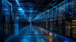 Vast hyperscale data centre hall at night with towering server cabinets