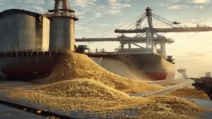 Massive bulk grain carrier being loaded at a port terminal