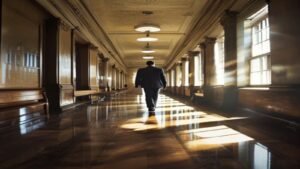 Long empty corridor of a United States federal courthouse with wooden benches along the walls