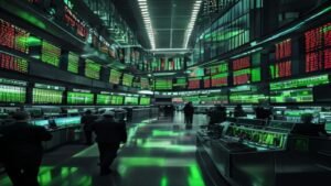 Bustling stock exchange trading floor with traders in front of curved banks of monitors showing green and red figures