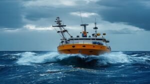 Oceanographic research vessel deploying a yellow scientific measurement float over the stern into deep blue open ocean swell