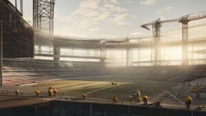 Large modern Olympic style stadium under construction