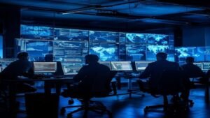 Cybersecurity operations centre at night