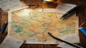 Detailed printed electoral district map spread across a large wooden conference table with coloured boundary lines