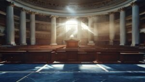 Empty United States Senate chamber with semicircular rows of dark wooden desks