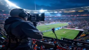 Broadcast television camera operator on a stadium sideline filming a live match