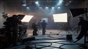 Film production set at night