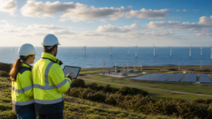 Renewable energy developers reviewing a Danish wind and solar project landscape